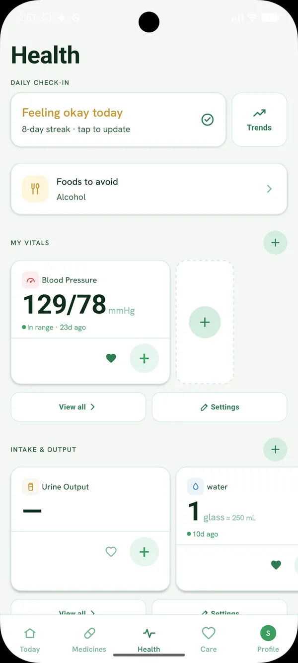 Health screen with a daily mood check-in, foods to avoid, and a blood-pressure vital card