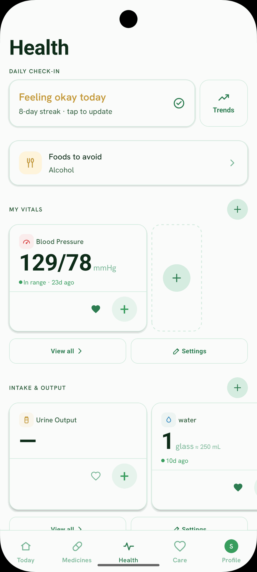 Health screen with a daily mood check-in, foods to avoid, and a blood-pressure vital card