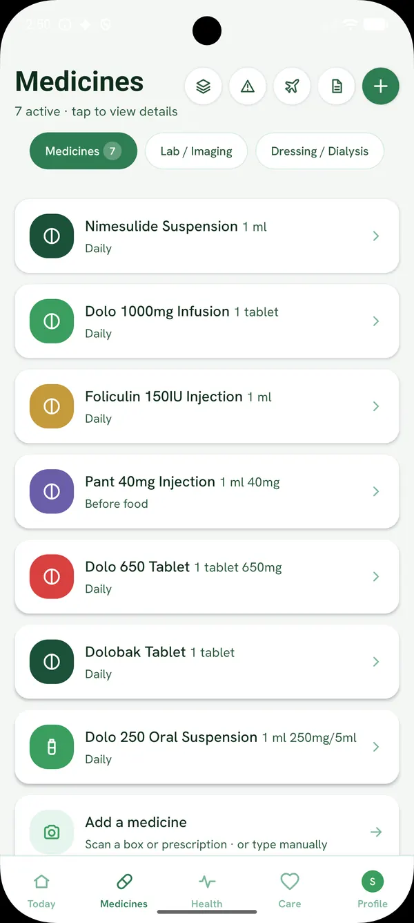 Medicines screen listing seven active medicines with doses, schedules and a colour for each
