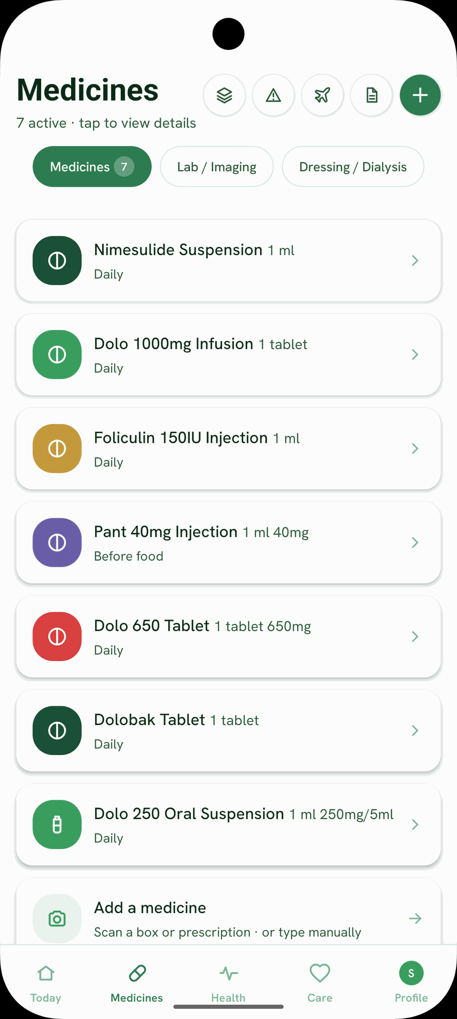 Medicines screen listing seven active medicines with doses, schedules and a colour for each