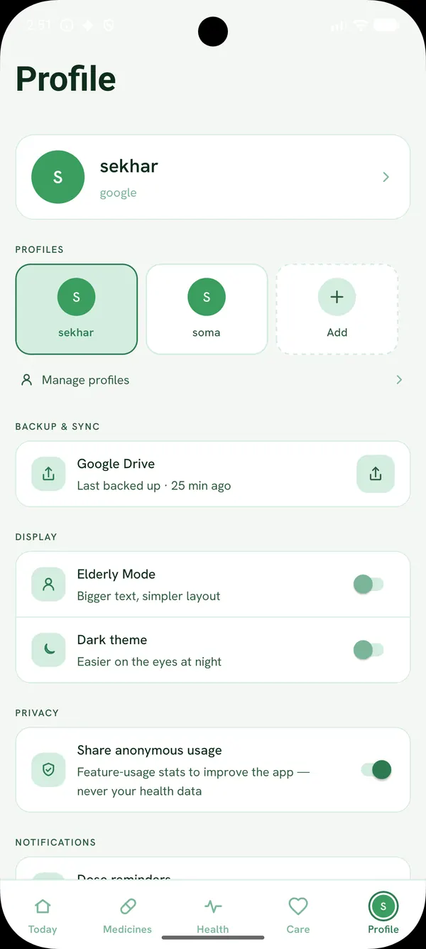 Profile screen showing family profiles, Google Drive backup, and a usage-sharing toggle that excludes health data