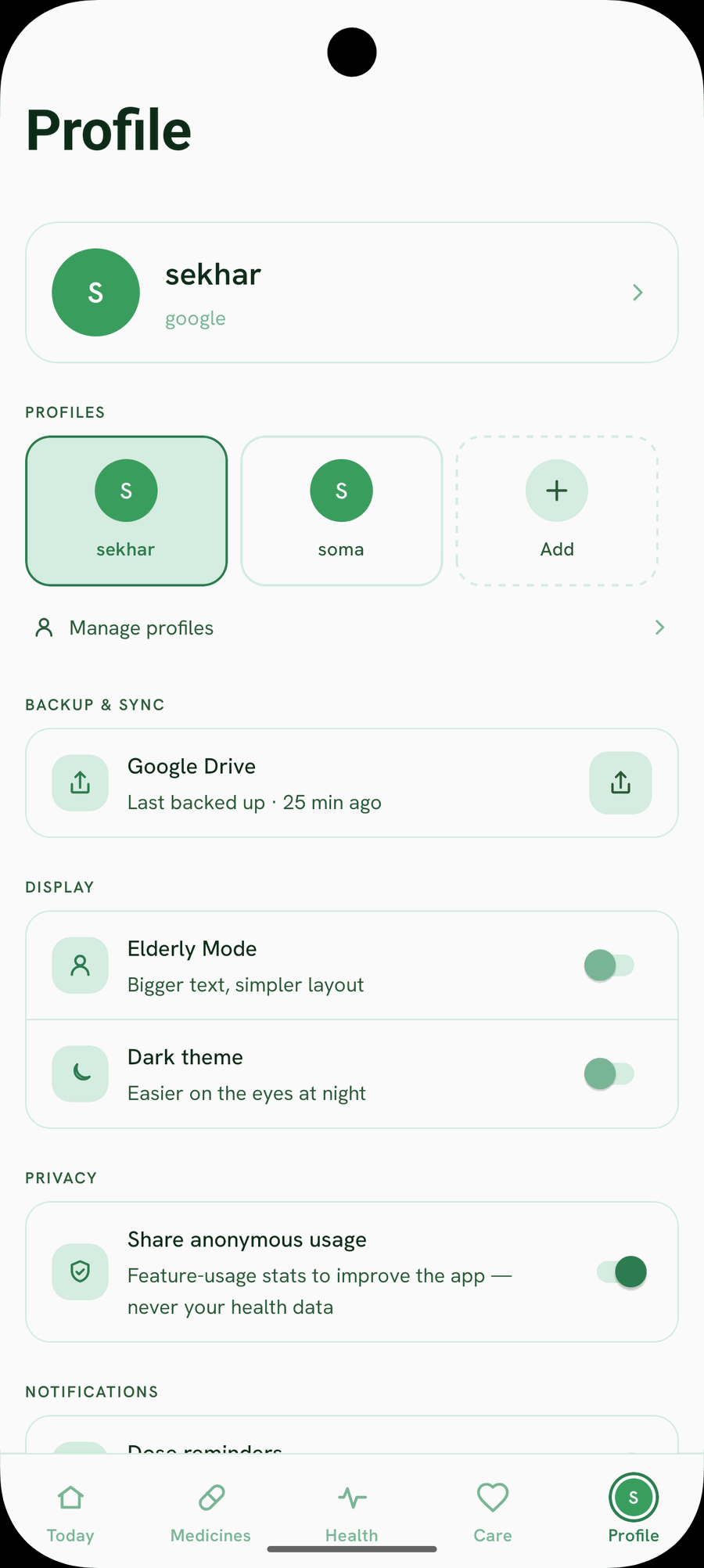Profile screen showing family profiles, Google Drive backup, and a usage-sharing toggle that excludes health data